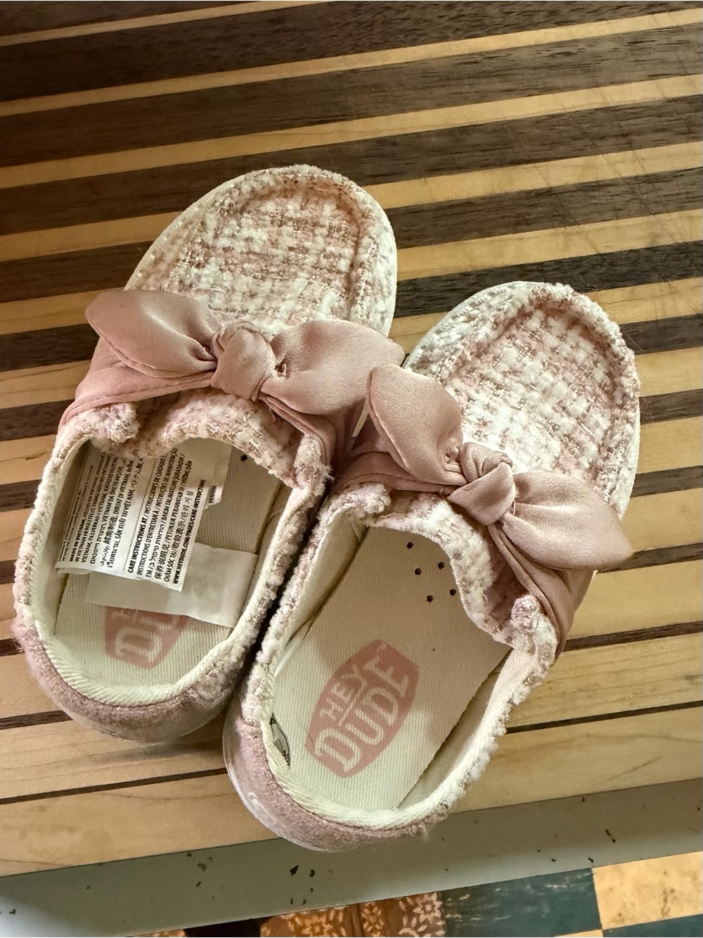 Hey Dude Kids Pink Bow Slip-Ons with Tweed Texture